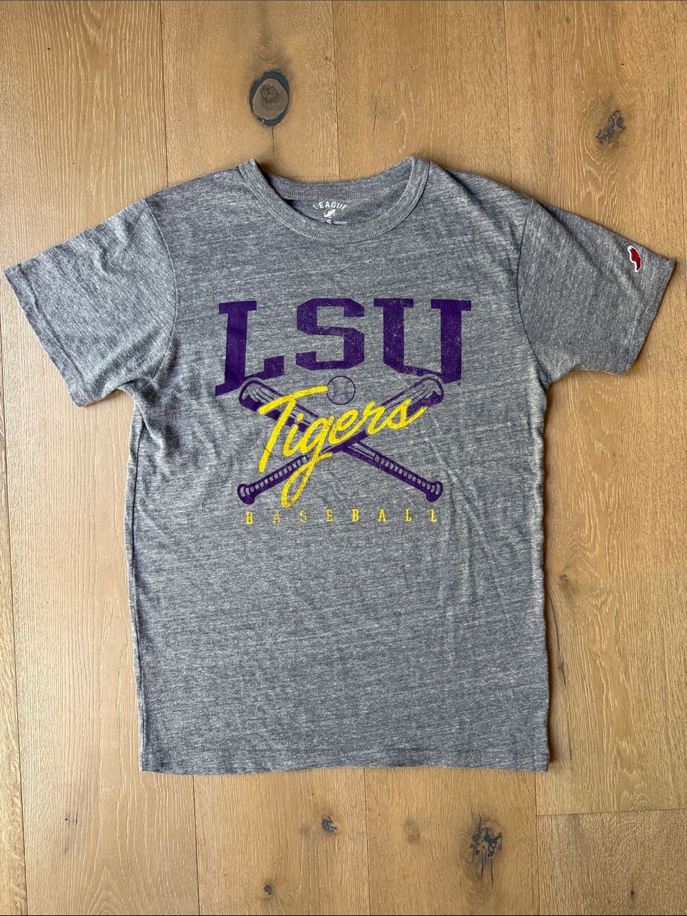 League Gray LSU Tigers Baseball Tee with Purple & Yellow Graphics, Size S